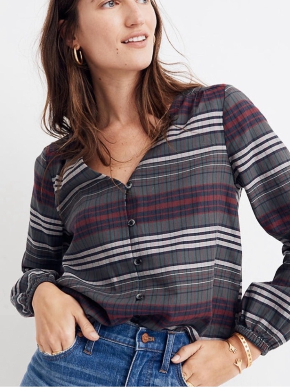 Madewell Striped Plaid Balloon-Sleeve Blouse in Black, Gray & Burgundy